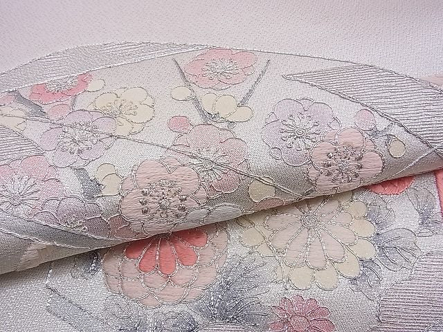 平和屋着物■六通太鼓柄袋帯 総刺繍 駒刺繍 文箱花文 銀糸 逸品 n-ds0296