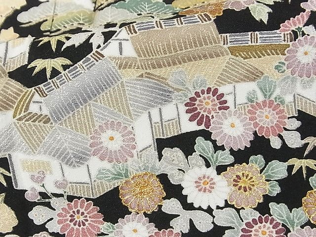 平和屋本店■極上 訪問着 駒刺繍 友禅 御所解文様 黒地 金彩 ロング丈 着丈172.5cm 裄丈68.5cm 正絹 逸品 KAAA1316kk4 - 平和屋