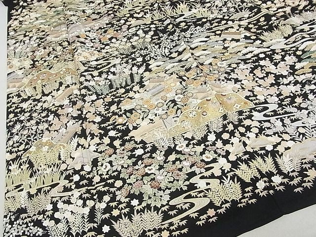平和屋本店■極上 訪問着 駒刺繍 友禅 御所解文様 黒地 金彩 ロング丈 着丈172.5cm 裄丈68.5cm 正絹 逸品 KAAA1316kk4 - 平和屋