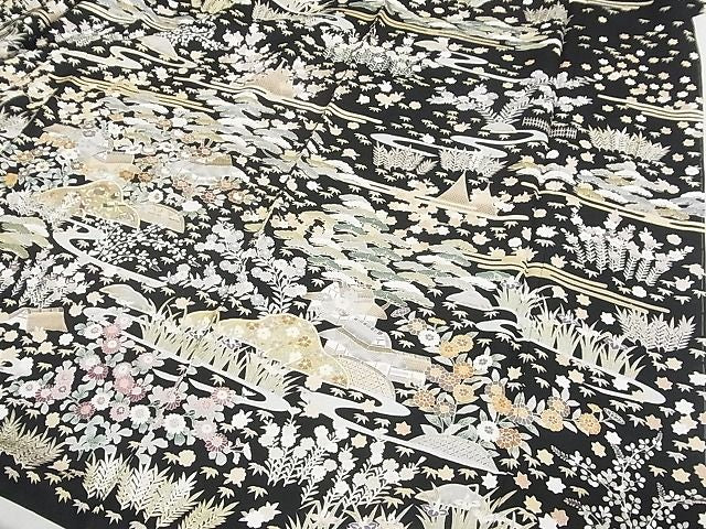 平和屋本店■極上 訪問着 駒刺繍 友禅 御所解文様 黒地 金彩 ロング丈 着丈172.5cm 裄丈68.5cm 正絹 逸品 KAAA1316kk4 - 平和屋