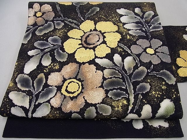 平和屋本店●極上 浦野理一 九寸名古屋帯 花尽くし 金彩 鬼しぼ縮緬 逸品3s986