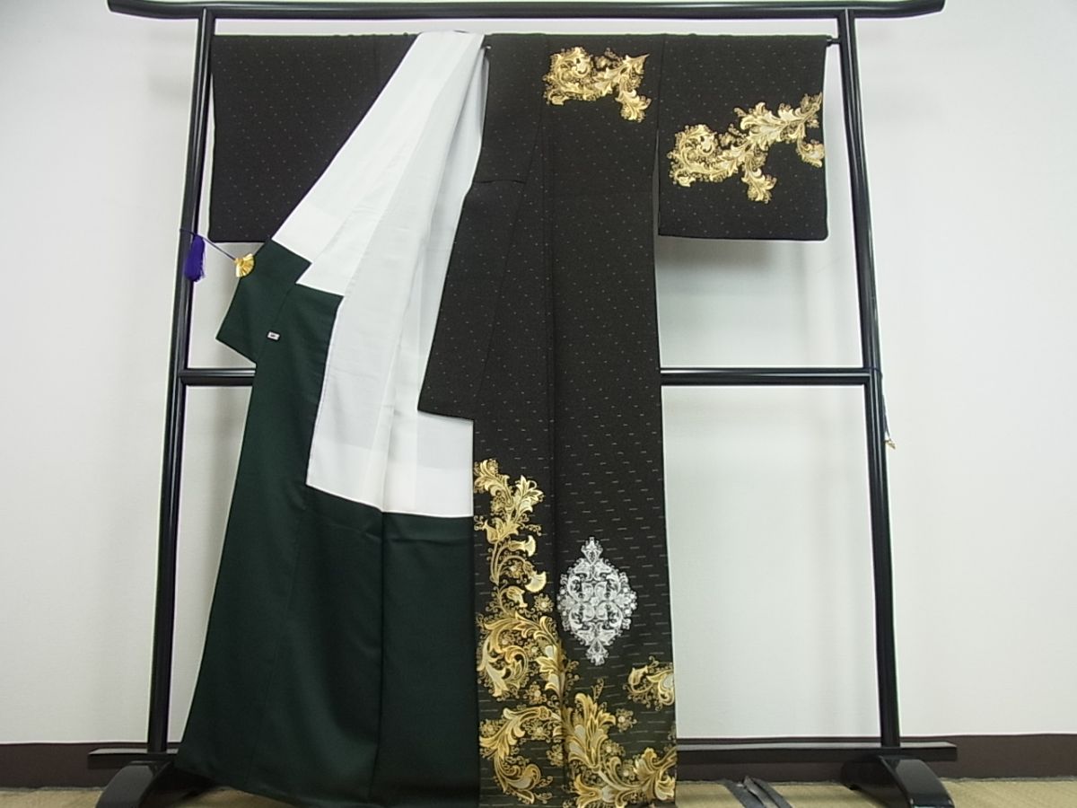 平和屋本店●極上 金彩友禅 卓越技能者・名工・和田光正 訪問着 更紗花文 黒地 金銀彩 さが美扱い3s1734