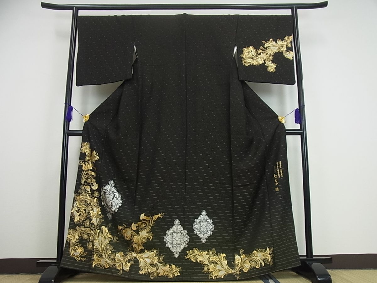 平和屋本店●極上 金彩友禅 卓越技能者・名工・和田光正 訪問着 更紗花文 黒地 金銀彩 さが美扱い3s1734