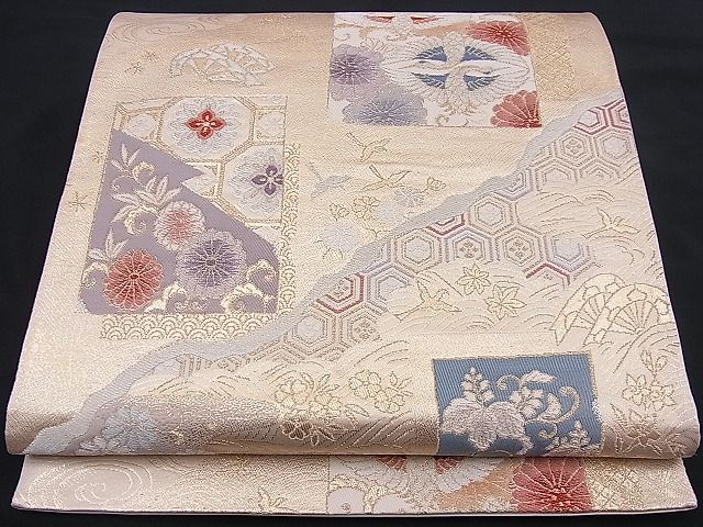 平和屋着物■六通柄袋帯 唐織 向かい鶴菱色紙花文 金銀糸 逸品 n-je2205