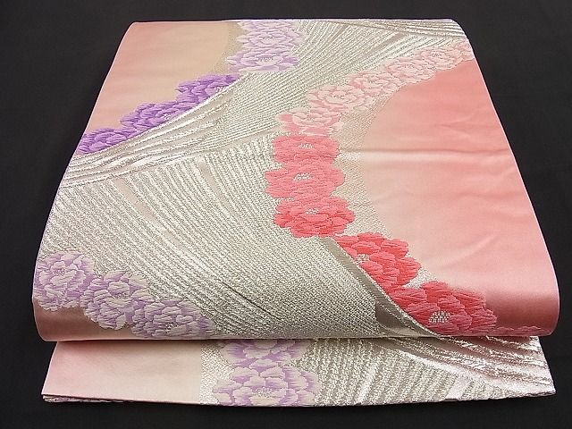平和屋着物■六通柄袋帯 唐織 扇面牡丹文 銀糸 逸品 n-ip0344