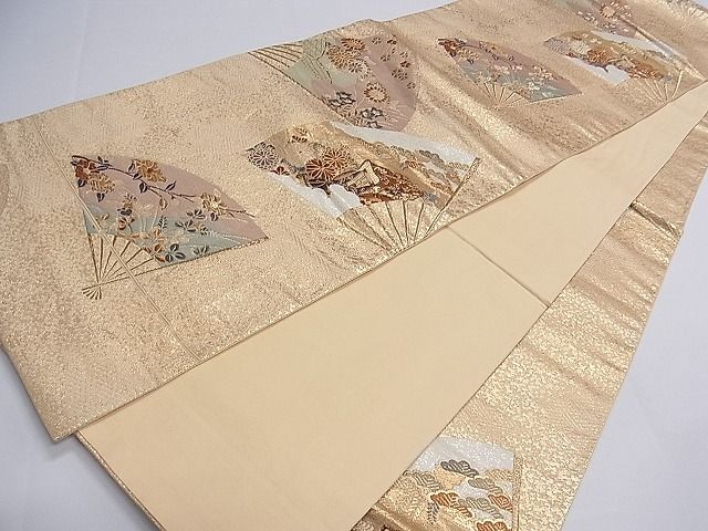 平和屋着物■六通柄袋帯 唐織 扇面御所車草花文 金糸 逸品 ch2781