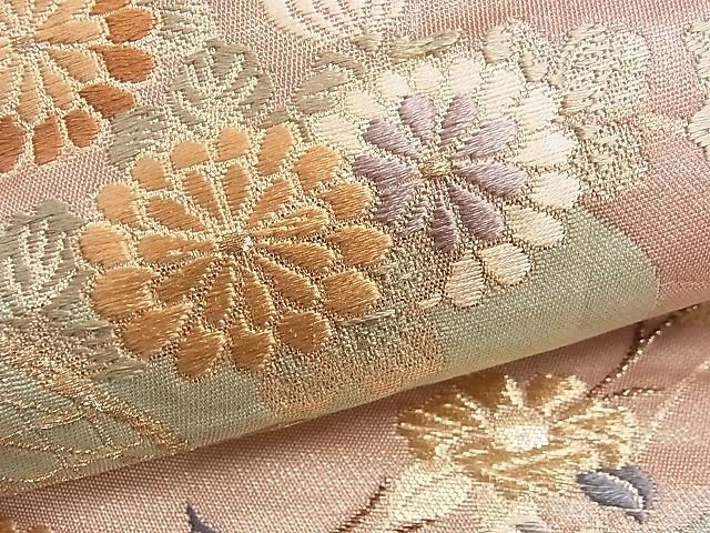 平和屋着物■六通柄袋帯 唐織 扇面御所車草花文 金糸 逸品 ch2781
