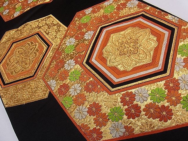 平和屋着物■六通柄袋帯 唐織 亀甲花文 黒地 金糸 逸品 ch2812
