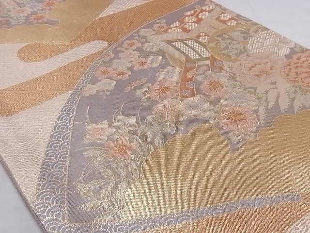 平和屋着物■宝珠本佐賀錦 六通柄袋帯 地紙重ね御所車花文 金糸 九百錦 正絹 逸品 A-sx7386