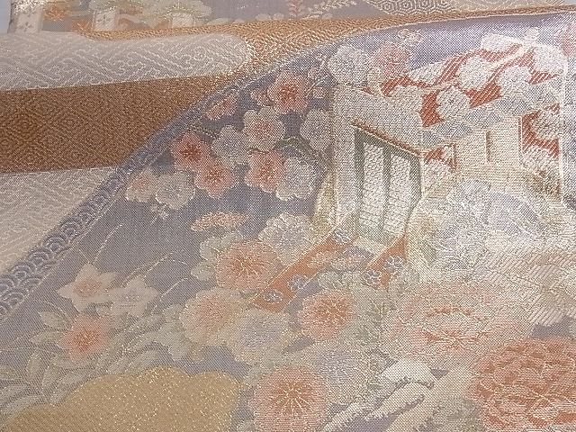 平和屋着物■宝珠本佐賀錦 六通柄袋帯 地紙重ね御所車花文 金糸 九百錦 正絹 逸品 A-sx7386