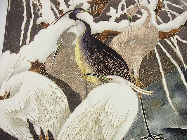 平和屋本店■最高傑作 浦野理一 訪問着 国宝中国画 雪中の白鷺 源氏鼠色地 金彩 たとう紙・色紙付 逸品 未使用3s5067