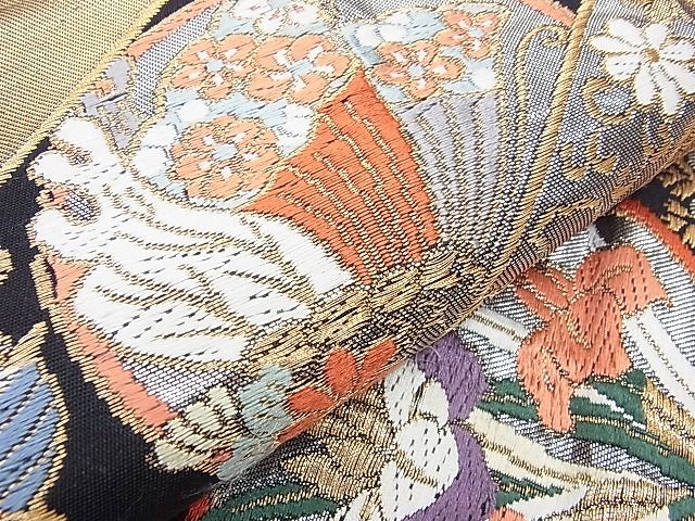 平和屋着物■六通柄袋帯 唐織 鳳凰吉祥花蝶丸文 黒地 金銀糸 逸品 n-gt3174