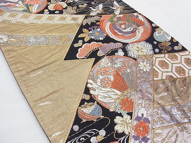 平和屋着物■六通柄袋帯 唐織 鳳凰吉祥花蝶丸文 黒地 金銀糸 逸品 n-gt3174
