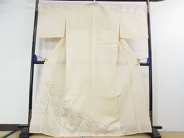 平和屋本店■極上 夏物 中国三大刺繍 相良刺繍 訪問着 紗紬 総刺繍 花唐草文 象牙色地 金糸 逸品 DZAA0469kh5