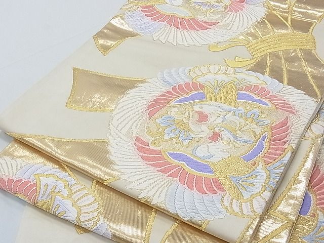 平和屋着物■六通柄袋帯 唐織 束ね熨斗対い鳳凰文 金糸 正絹 逸品 B-fw0424