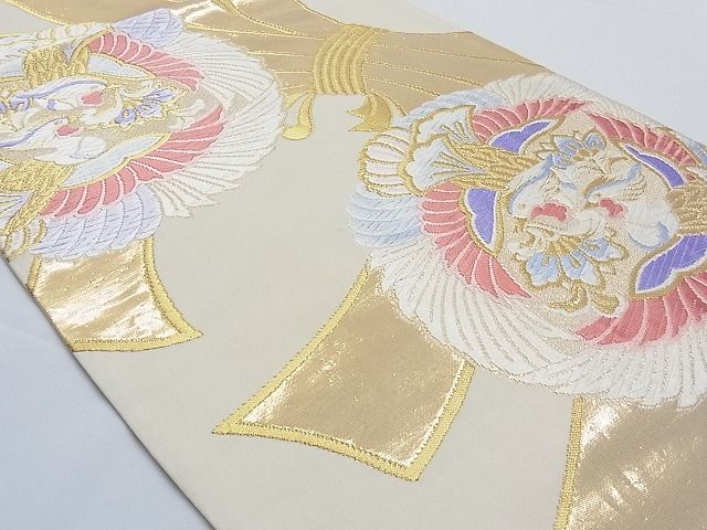 平和屋着物■六通柄袋帯 唐織 束ね熨斗対い鳳凰文 金糸 正絹 逸品 B-fw0424