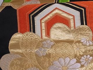 平和屋着物■六通柄袋帯 唐織 亀甲花文 黒地 金銀糸 正絹 逸品 A-sx7906