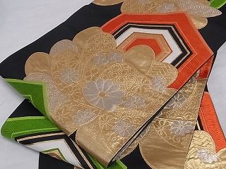 平和屋着物■六通柄袋帯 唐織 亀甲花文 黒地 金銀糸 正絹 逸品 A-sx7906