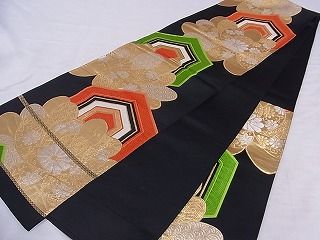 平和屋着物■六通柄袋帯 唐織 亀甲花文 黒地 金銀糸 正絹 逸品 A-sx7906