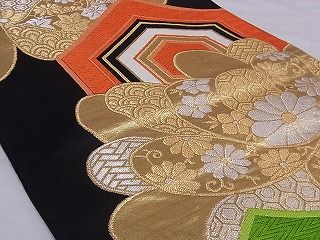 平和屋着物■六通柄袋帯 唐織 亀甲花文 黒地 金銀糸 正絹 逸品 A-sx7906