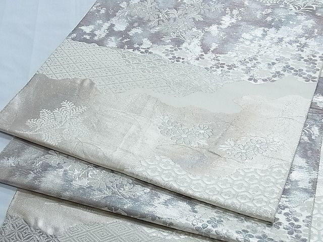 平和屋着物■六通柄袋帯 霞取り草花文 銀糸 正絹 逸品 B-fw0516