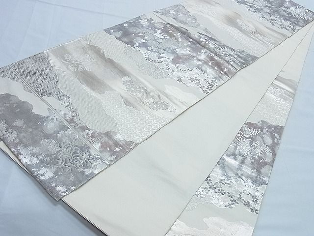 平和屋着物■六通柄袋帯 霞取り草花文 銀糸 正絹 逸品 B-fw0516