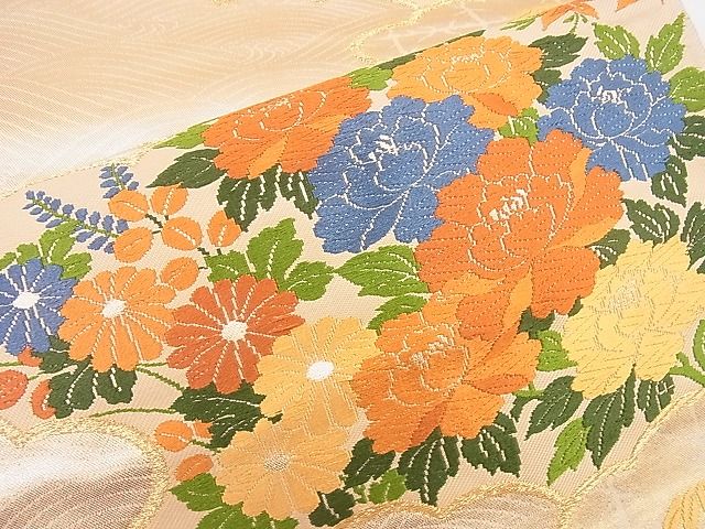 平和屋着物■西陣 六通柄袋帯 唐織 雲取り菊牡丹文 金糸 逸品 n-me0035