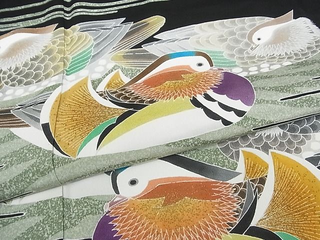 平和屋本店●極上 人間国宝・羽田登喜男 黒留袖 鴛鴦 九羽 金彩 着丈165.5cm 裄丈66cm 正絹 逸品 3kk3945