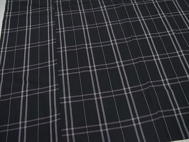平和屋本店■極上 道行コート ロング丈 伝統工芸品 格子紬 単衣 黒地 高島屋扱い 反端付き 逸品3s5326