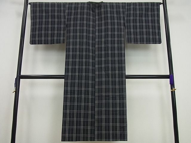 平和屋本店■極上 道行コート ロング丈 伝統工芸品 格子紬 単衣 黒地 高島屋扱い 反端付き 逸品3s5326