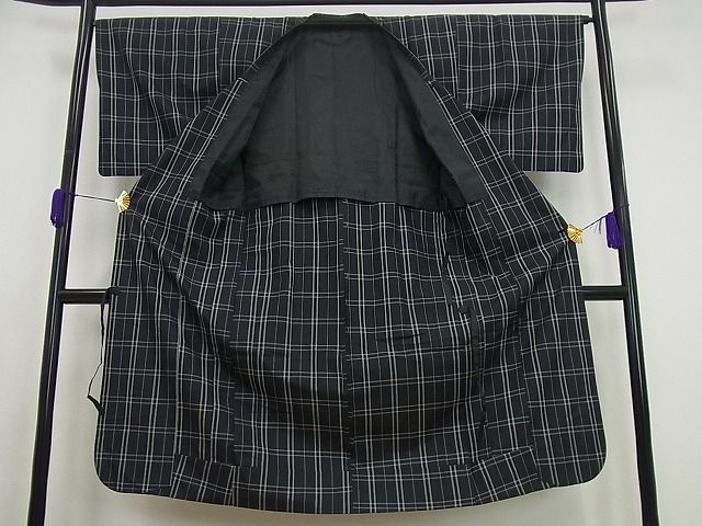 平和屋本店■極上 道行コート ロング丈 伝統工芸品 格子紬 単衣 黒地 高島屋扱い 反端付き 逸品3s5326