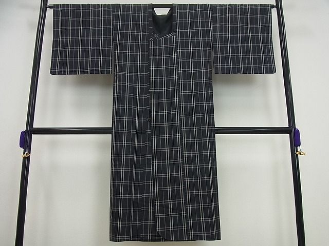 平和屋本店■極上 道行コート ロング丈 伝統工芸品 格子紬 単衣 黒地 高島屋扱い 反端付き 逸品3s5326