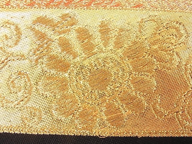 平和屋着物■六通柄袋帯 唐織 亀甲尾長鳥花文 黒地 金銀糸 逸品 kb2513