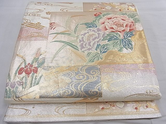 平和屋着物■佐賀錦 六通柄袋帯 色紙重ね牡丹花文 金糸 逸品 n-mz7655