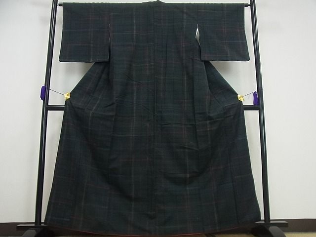 平和屋本店●極上 郡上紬 草木染 格子柄 証紙付き 逸品3s5392