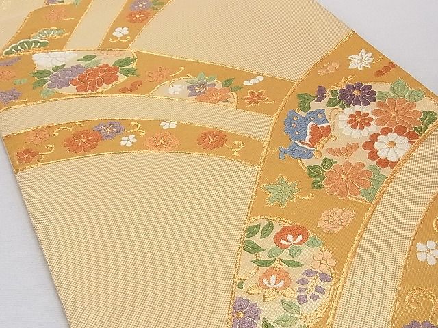 平和屋着物■本佐賀唐織 六通柄袋帯 山取花丸文 金糸 正絹 逸品 A-gk494