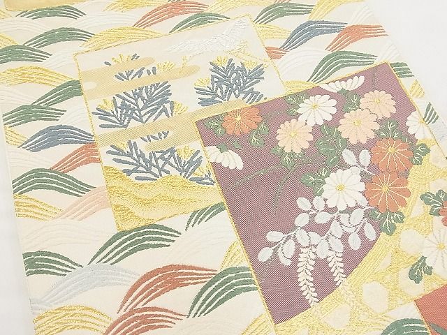 平和屋着物■六通柄袋帯 唐織 色紙飛鶴若松葉菊花文 金銀糸 逸品 n-hv3143