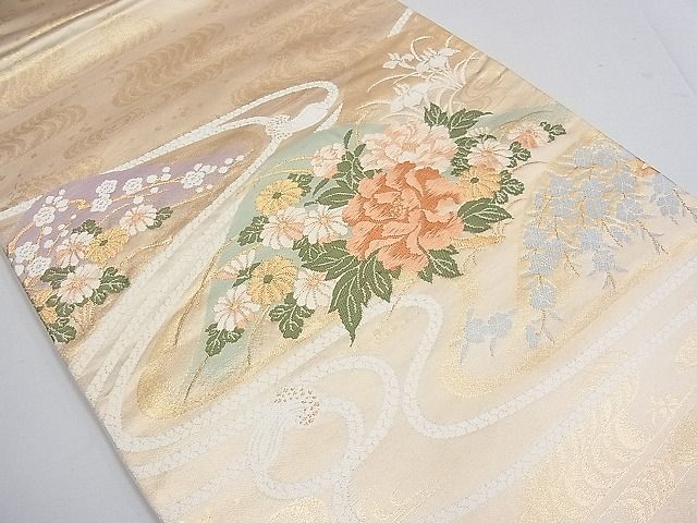 平和屋着物■六通太鼓柄袋帯 唐織 流水花文 金糸 逸品 ya0475