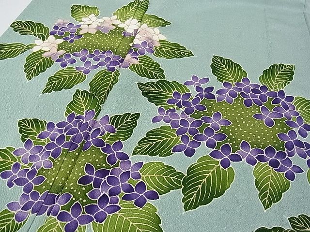 平和屋本店■超希少 東京友禅 久呂田明功 訪問着 単衣 紫陽花 千草色地 金彩 鬼しぼ縮緬 逸品 3kh1852