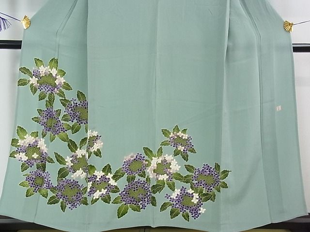 平和屋本店■超希少 東京友禅 久呂田明功 訪問着 単衣 紫陽花 千草色地 金彩 鬼しぼ縮緬 逸品 3kh1852