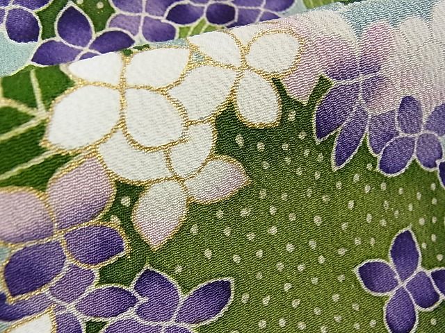 平和屋本店■超希少 東京友禅 久呂田明功 訪問着 単衣 紫陽花 千草色地 金彩 鬼しぼ縮緬 逸品 3kh1852