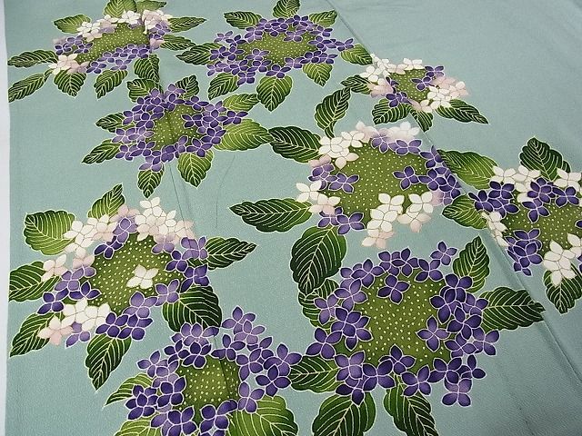 平和屋本店■超希少 東京友禅 久呂田明功 訪問着 単衣 紫陽花 千草色地 金彩 鬼しぼ縮緬 逸品 3kh1852