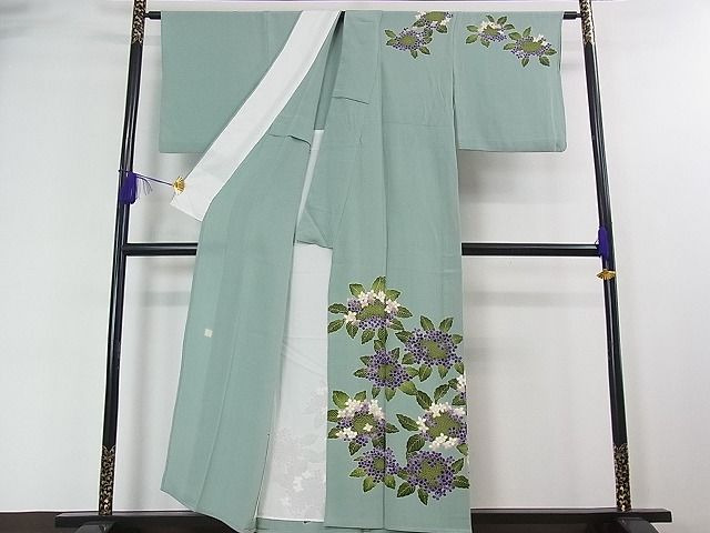 平和屋本店■超希少 東京友禅 久呂田明功 訪問着 単衣 紫陽花 千草色地 金彩 鬼しぼ縮緬 逸品 3kh1852