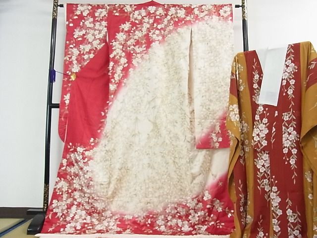 平和屋本店●希少 お引きずり 引振袖・長襦袢(袷)セット 総手刺繍 枝垂れ桜 暈し染め 金糸 逸品 3kh1919