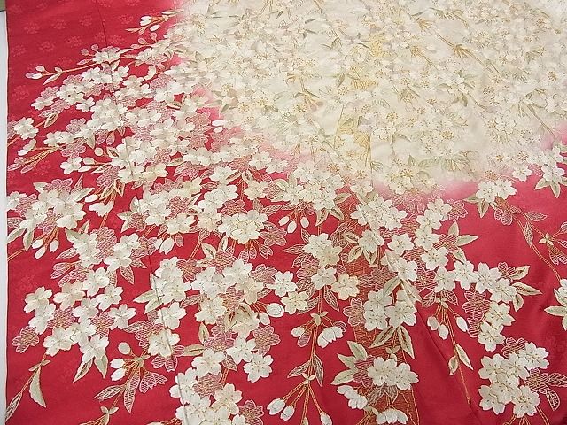 平和屋本店●希少 お引きずり 引振袖・長襦袢(袷)セット 総手刺繍 枝垂れ桜 暈し染め 金糸 逸品 3kh1919