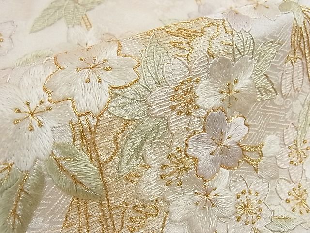 平和屋本店●希少 お引きずり 引振袖・長襦袢(袷)セット 総手刺繍 枝垂れ桜 暈し染め 金糸 逸品 3kh1919
