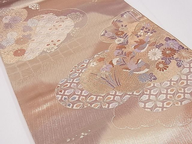 平和屋着物■六通柄袋帯 唐織 雲重ね鴛鴦草花吉祥文 金糸 逸品 ng3619