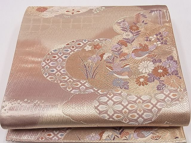 平和屋着物■六通柄袋帯 唐織 雲重ね鴛鴦草花吉祥文 金糸 逸品 ng3619