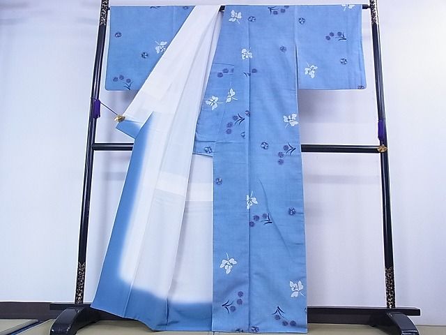 平和屋本店●希少 型絵染染色家 鈴木紀絵 紬 藍地花蝶散し 証紙付き 逸品 3kh1942