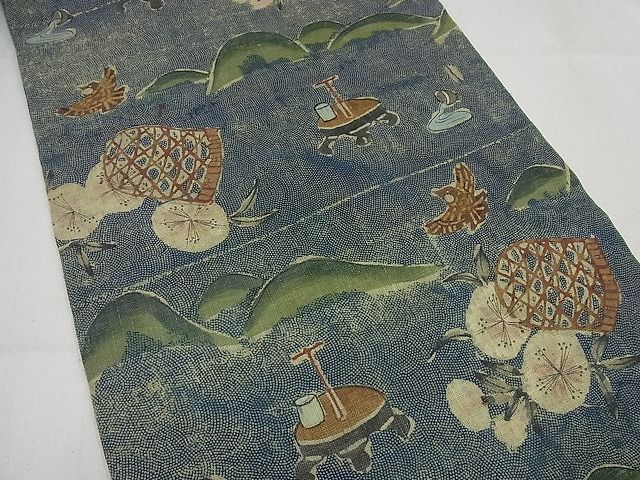 平和屋本店■極上 夏物 染織家 古澤万千子 銀座こうげい 九寸名古屋帯 鮫小紋地 鳥籠 ふくら雀 麻 たとう紙付3s5669
